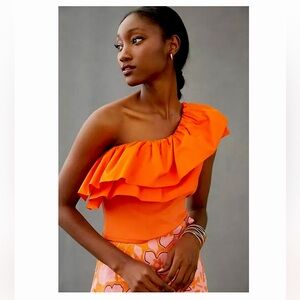Anthropologie-Sunday In Brooklyn-Orange One-Shoulder Ruffle Top
